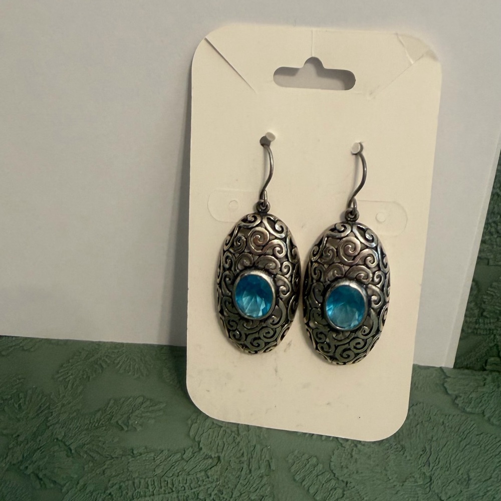Sterling Silver 925 Israel Elegant Silver and Blue Crystal Earrings